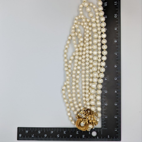 Miriam Haskell Unsigned Multi Strand Faux Pearl Ornate Gold floral & Rhinestone - Picture 8 of 13